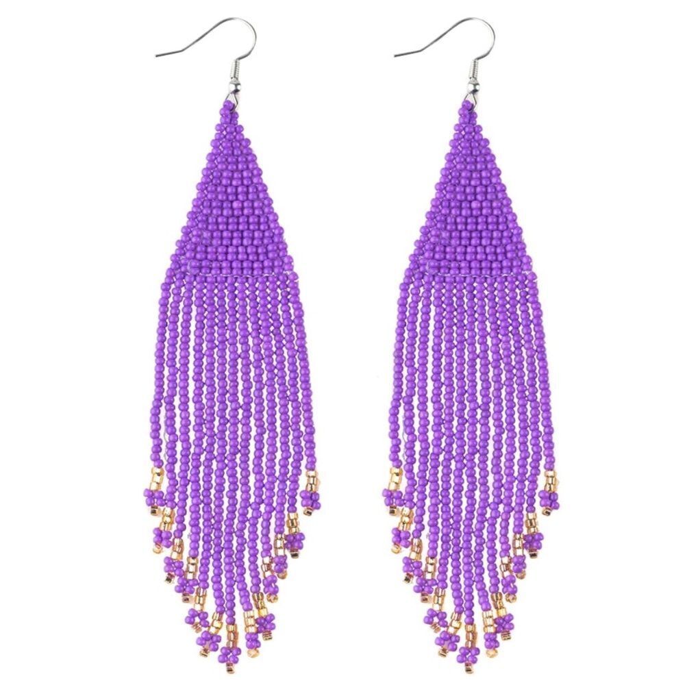 Purple Bohemian Seed Bead Tassel Dangling Statement French Wire Hook Earrings